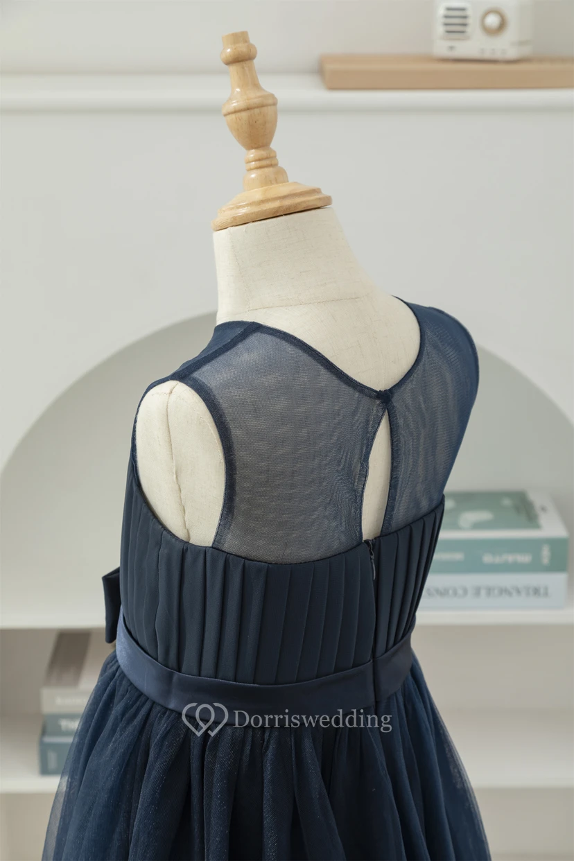 Dark Navy Chiffon Pleated Sleeveless Casual Flowergirl Dress view 10
