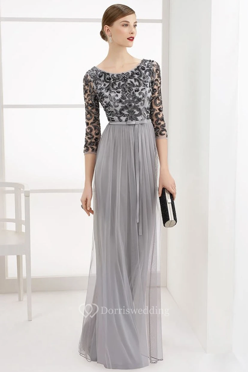 Scoop Neck Open Square Back Tulle Long Prom Dress With Beaded Bodice