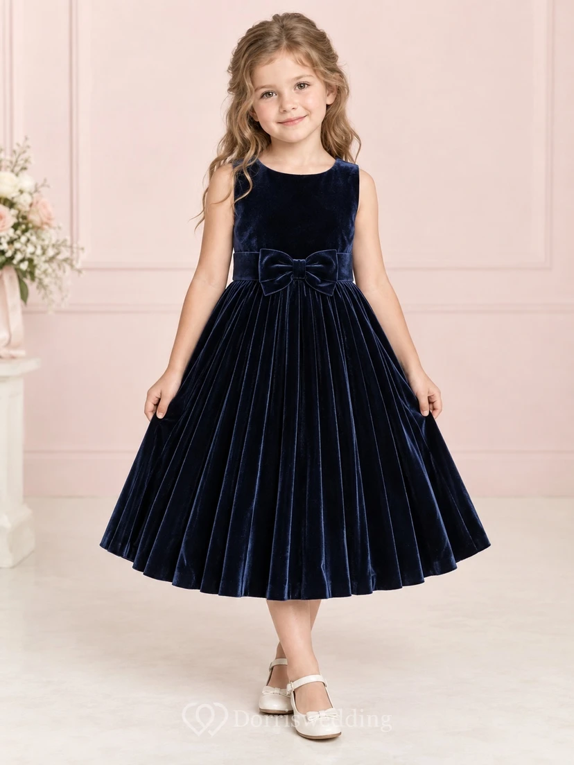 Vintage Tea-length Navy Sleeveless Bow Pleated Velvet Flower Girl Dress