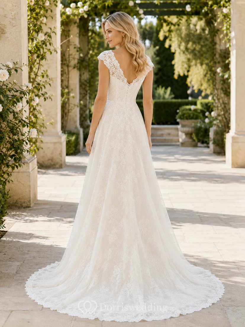 Robe de mariée en dentelle et tulle, coupe trapèze, col en V, manches courtes, traîne chapelle view 2