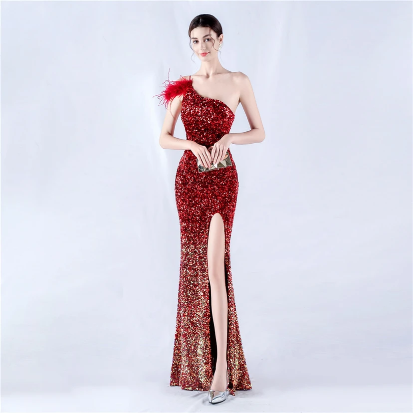 Gradient Velvet Bottom Sequins Craft Beading Ostrich Hair One-Shoulder Oblique Collar High-Slit Evening Dress view 41