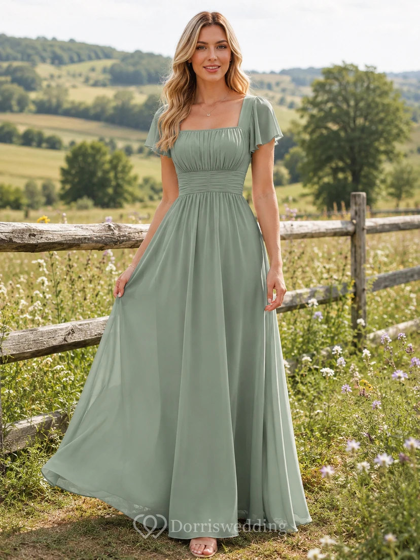Sage Chiffon A-Line Square Neck Flutter Sleeve Pleated Zip Back Floor-Length Bridesmaid Dress