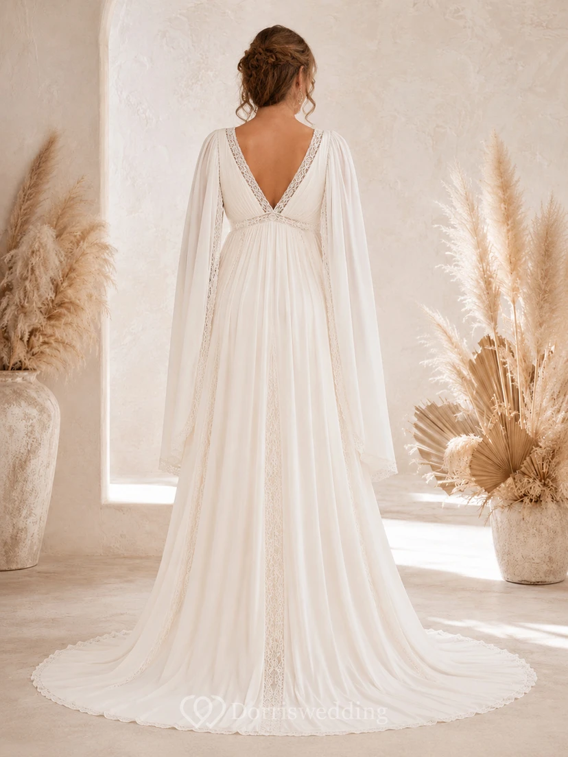 Robe de mariée bohème à col en V et manches longues cape pour femme enceinte view 2