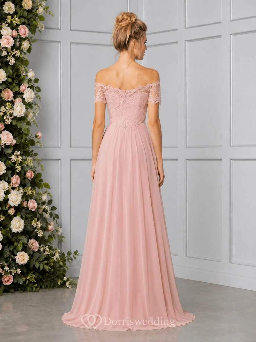 Blush off shoulder lace bodice chiffon floor length dress view 2