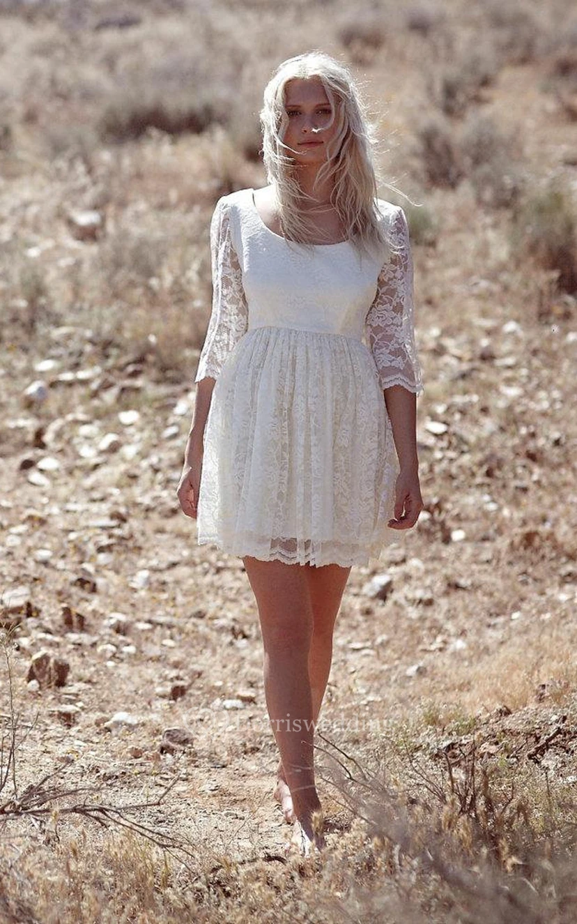 long sleeve boho dress short Leely Women Vintage Ivory Short Lace Boho Wedding Dress with Sleeves High Neck Bodycon Hen Do Dress