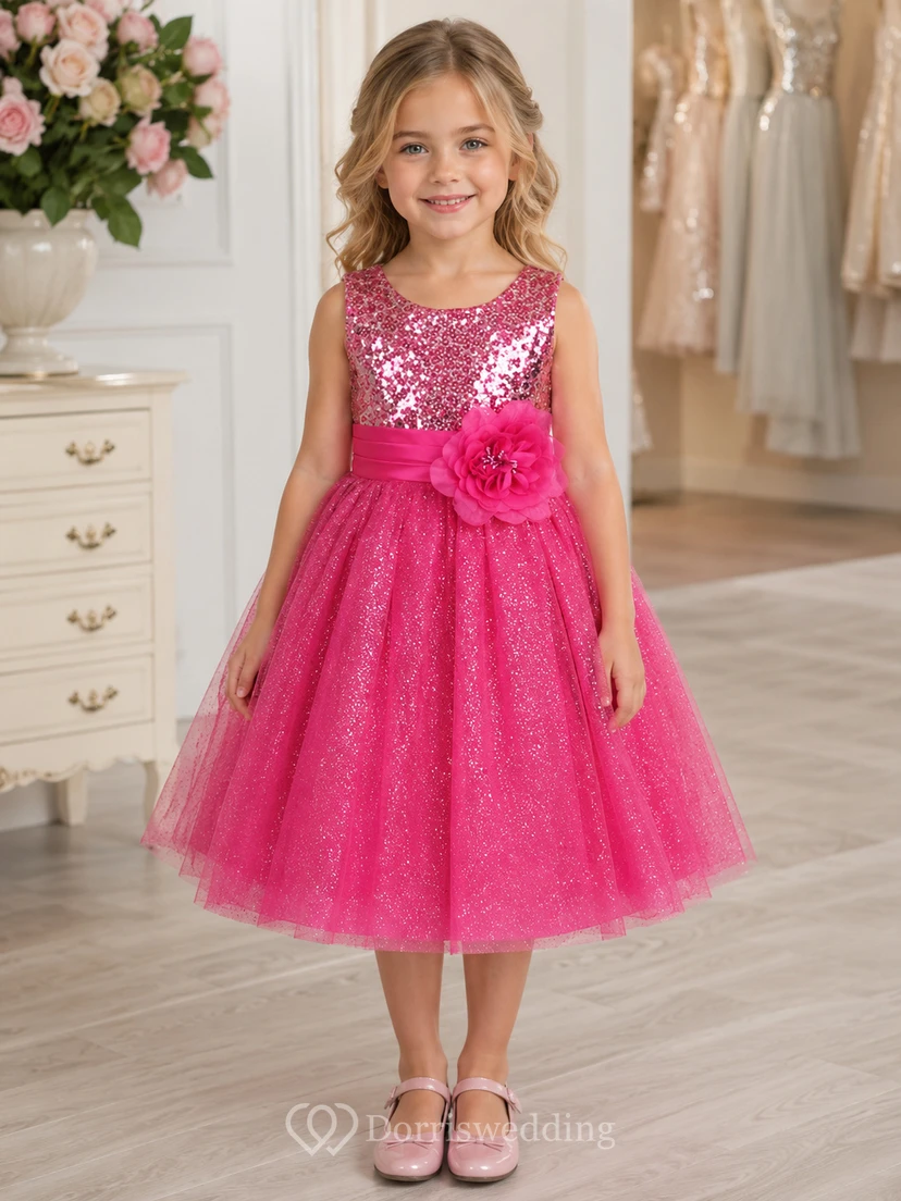 Sleeveless A-line Sequined Dress With Flower and Pleats