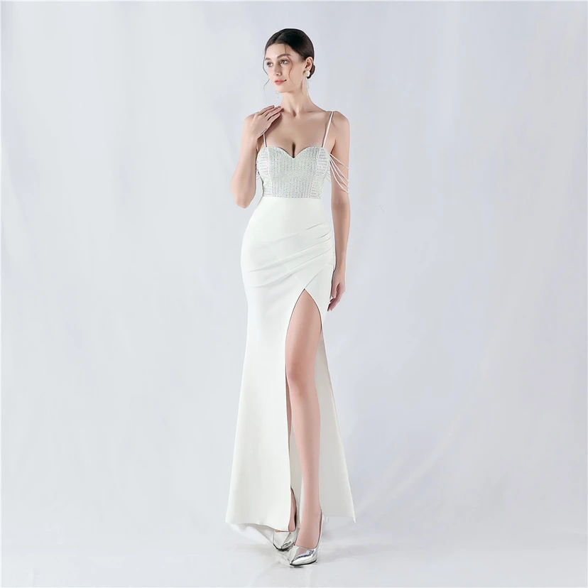 Hot Diamond Beaded High-Slit Satin Sexy Sling Evening Dress view 31