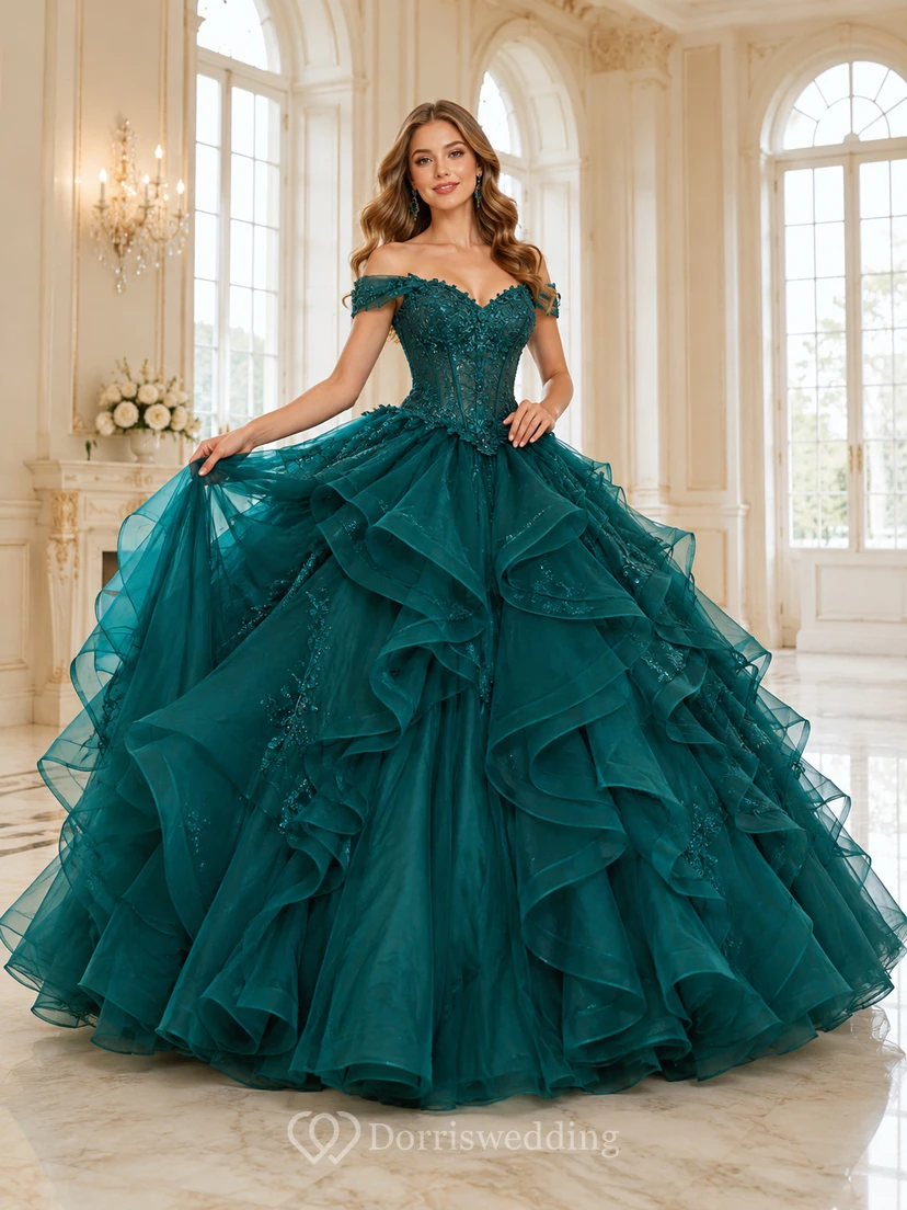 Peacock Luxury Off Shoulder Cascading Ruffle Organza Quinceanera Princess Formal Ball Gown