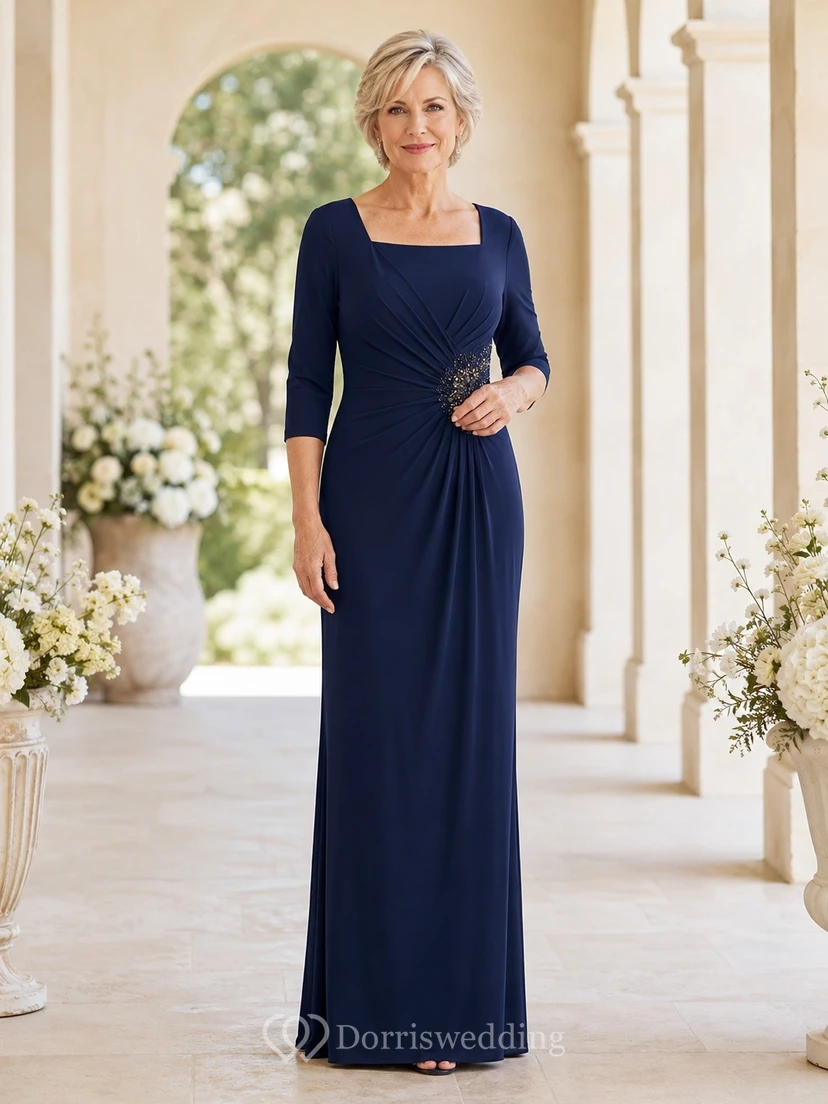 Navy Jersey Square Neck Three-quarter Sleeve Sheath Floor-length MOB Dress