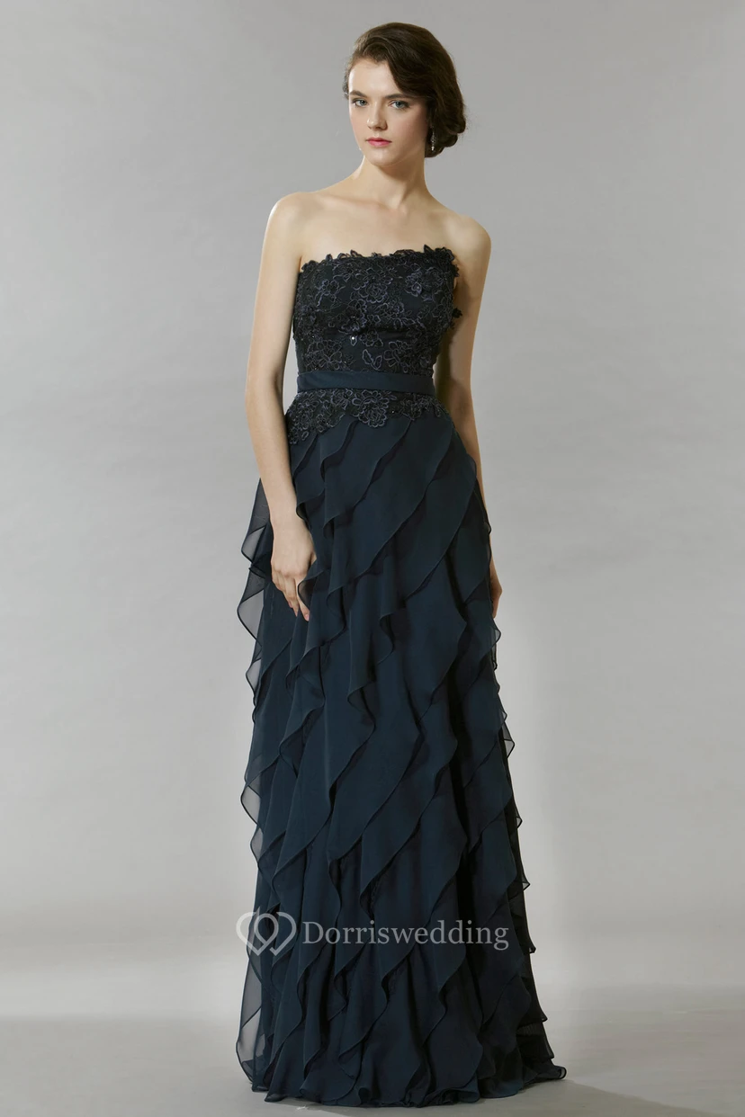 A-Line Strapless Floor-Length Sleeveless Lace Chiffon Prom Dress With Backless Style And Tiers