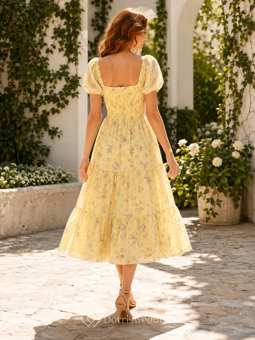 Yellow Floral Square Neck Puff Sleeve Rehearsal Brunch Dress view 2