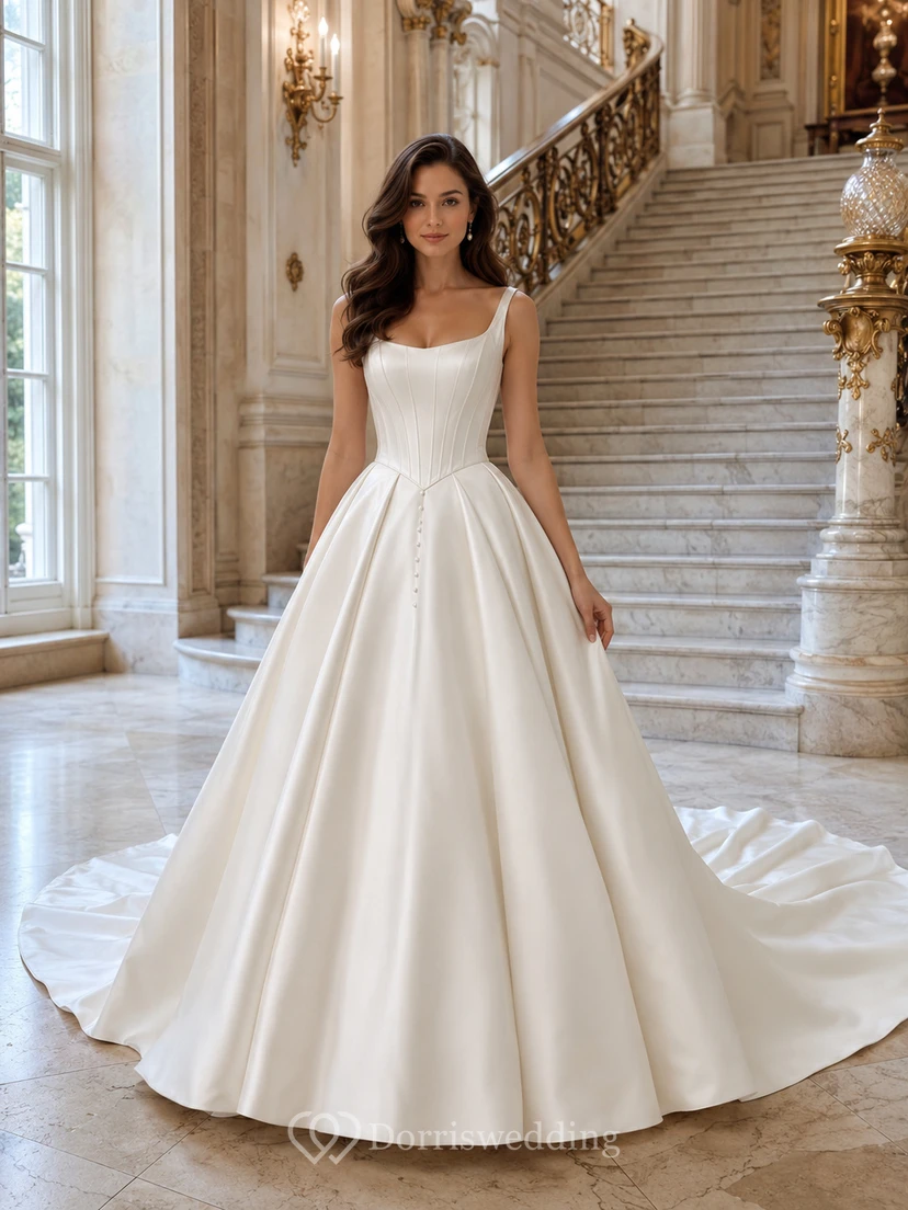 Satin Tulle Wedding Dress Ball Gown Spaghetti Strap Sweep Train Low V Back Bridal Gown