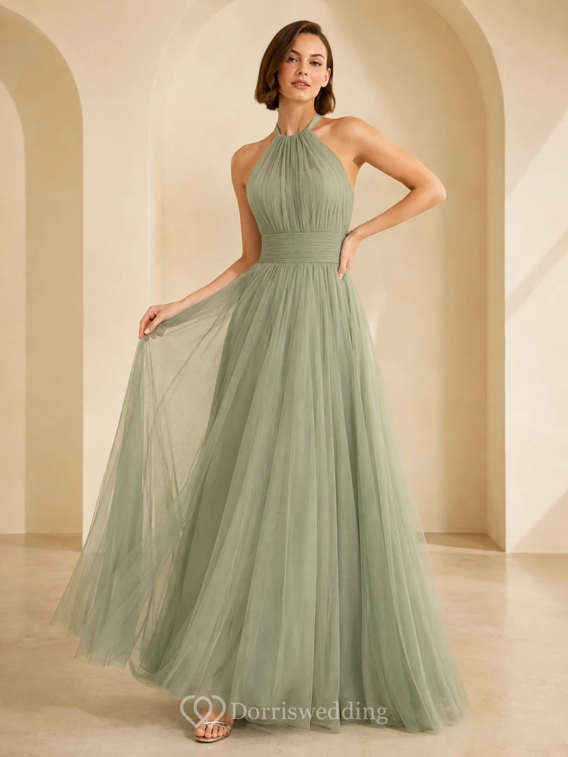 Vestido de noche romántico largo hasta el suelo, sin mangas, con escote halter y corte en A, de tul color salvia.