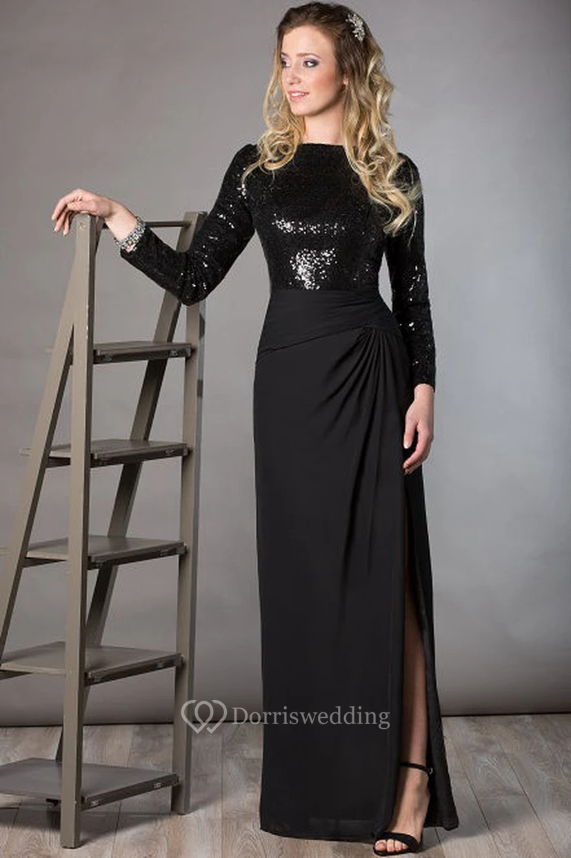Langes Chiffonkleid mit Paillettenoberteil, U-Boot-Ausschnitt und Seitenschlitz, ideal für die Mutter der Braut und mit langen Ärmeln.