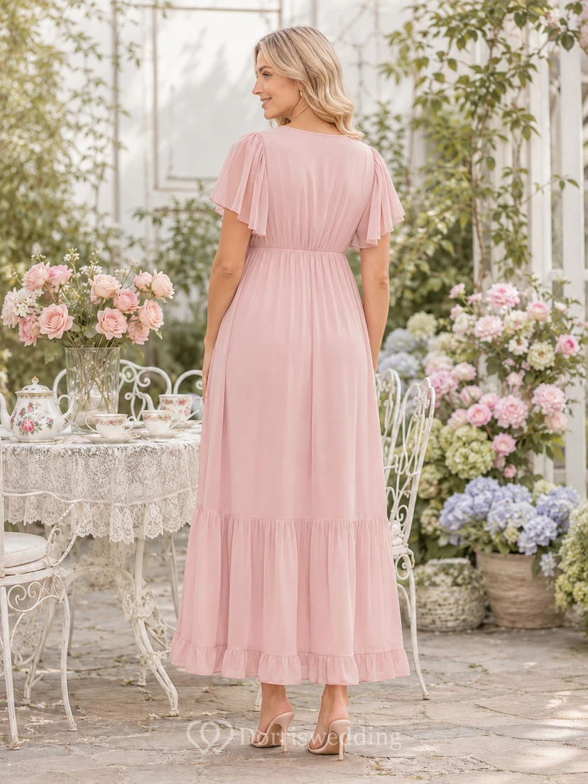 Robe de soirée rose poudré de maternité à col en V, manches papillon et volants en mousseline de soie, longueur thé view 2