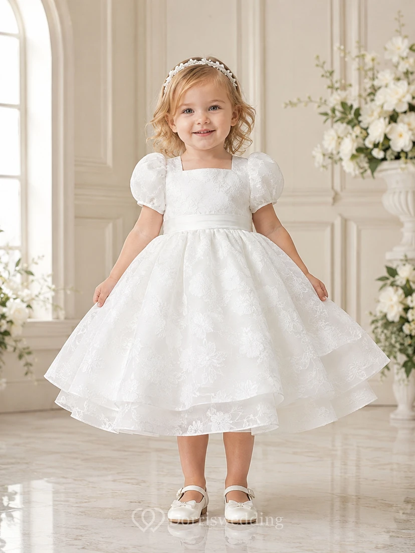 Baptism Dress A-Line Organza Tulle Square Neck Short Sleeve Bow Sash