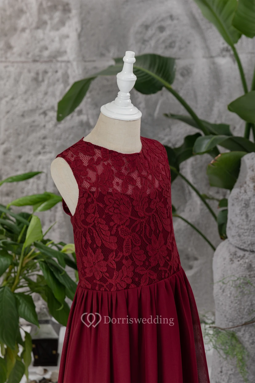 Lace Burgundy Chiffon Floor-length Sleeveless Flowergirl Dress view 6