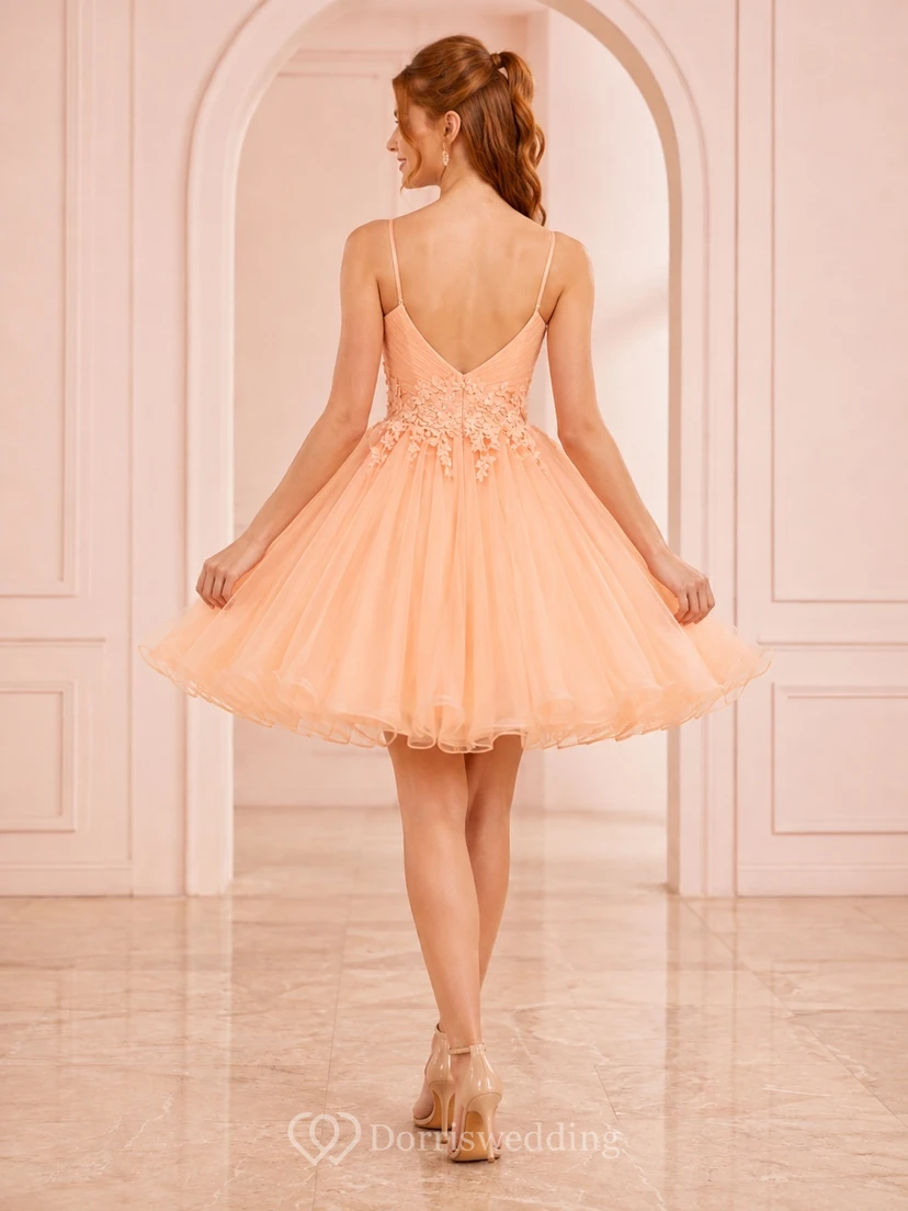Pfirsichfarbenes Tüllkleid mit Blumenmuster an der Taille und weichem Tellerrock, mit zartem Herzausschnitt view 2