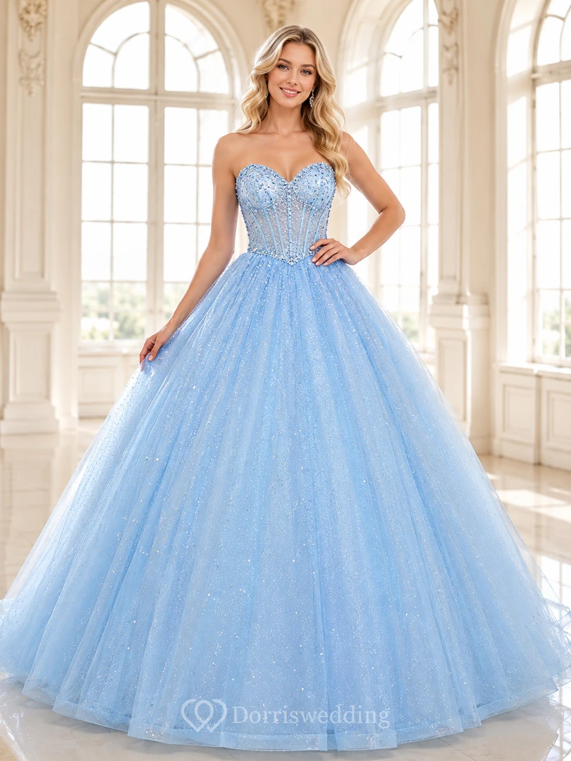 Sky Blue Elegant Strapless Sweetheart Beaded Glitter Tulle Quinceanera Princess Ball Gown