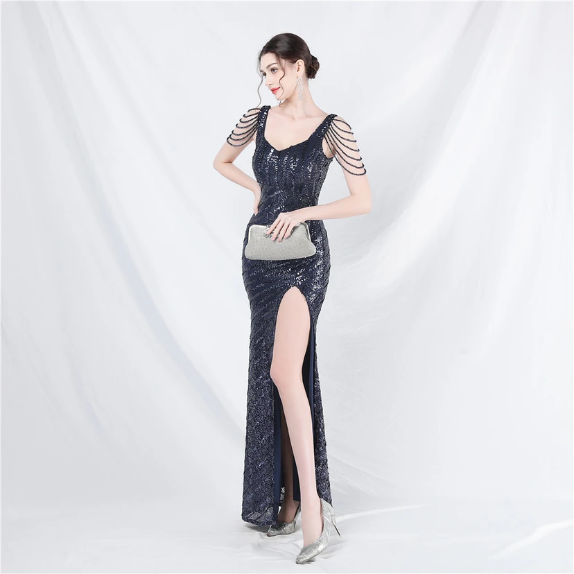 Craft Sequined Velvet Bottom Handmade Beaded Long Elegant Light Luxury Evening Dress view 64