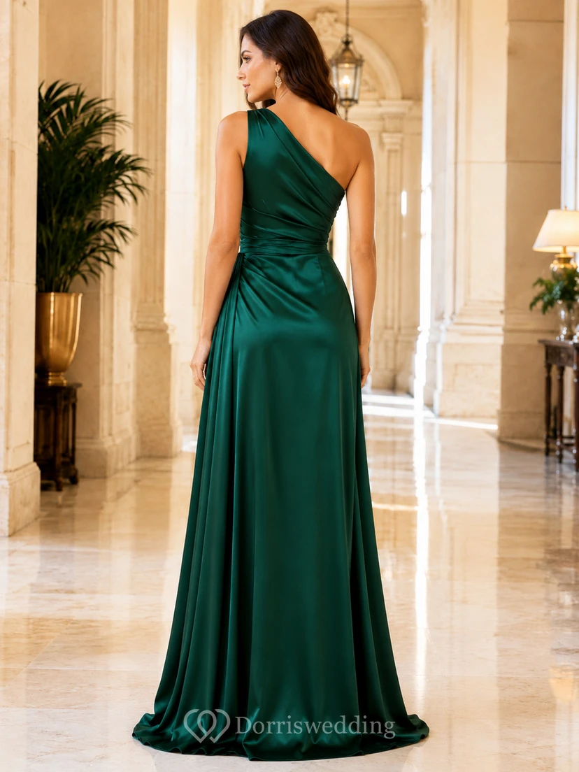 Dark Green One Shoulder Satin Slit Formal Dress view 2