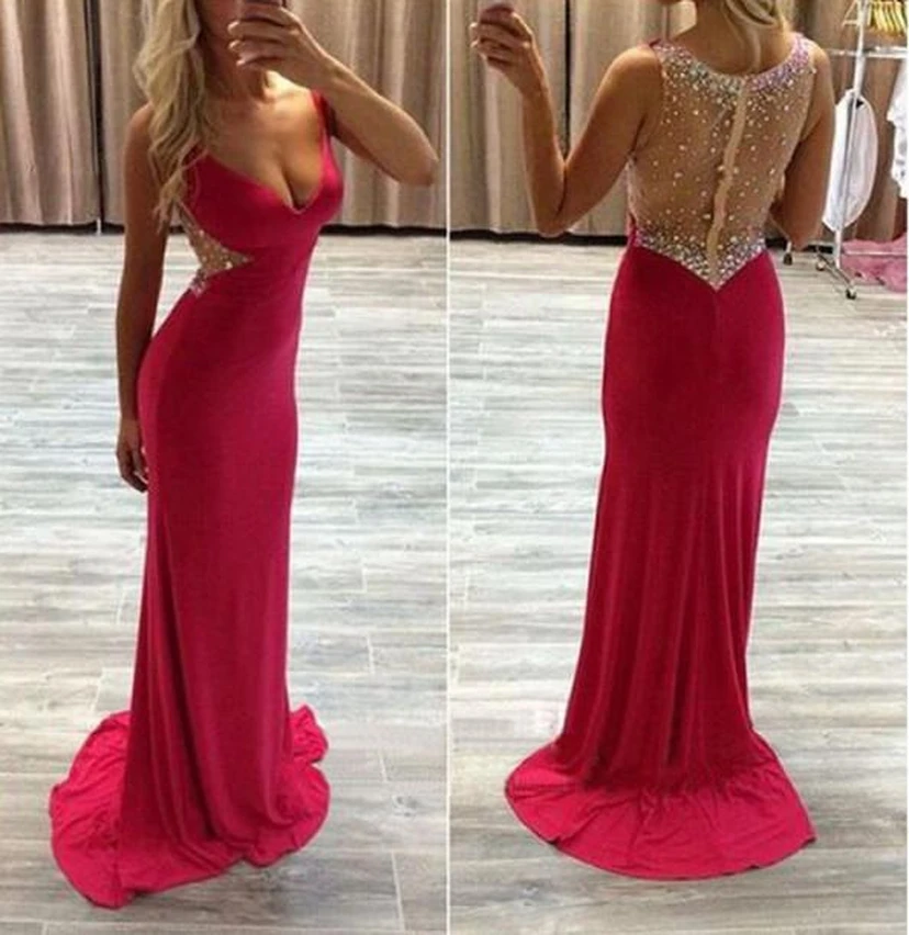 Modern Red Crystals Mermaid Prom Dress Sweep Train Zipper view 2