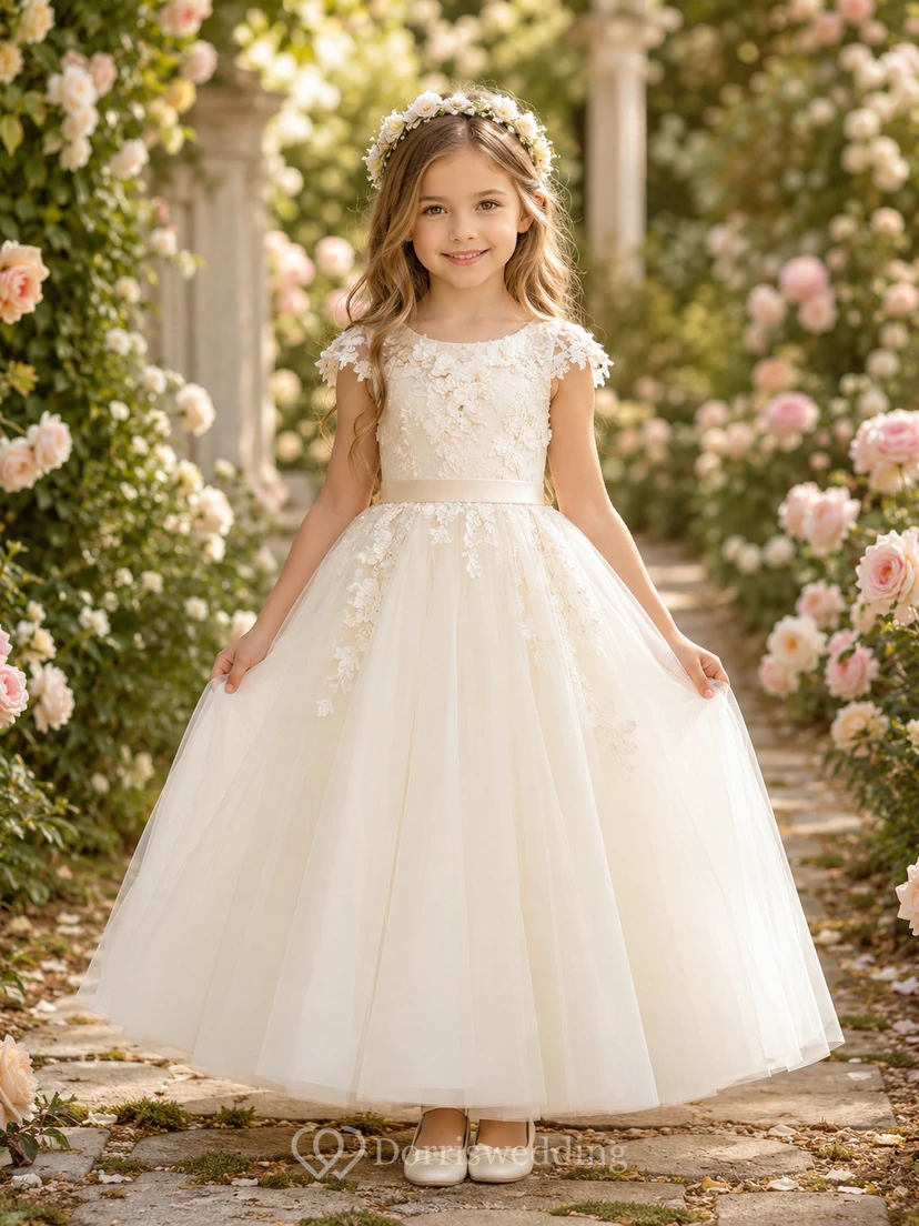 Blumenmädchenkleid, elfenbeinfarbenes Ballkleid aus Spitze und Tüll, kurze Ärmel, Rundhalsausschnitt, Teelänge, Schleifendetail