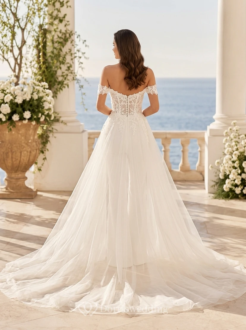 White Off-the-Shoulder Lace Bridal Jumpsuit with Tulle Train view 2