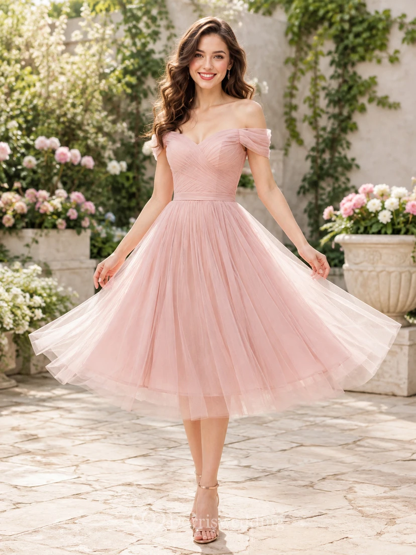 Vestido de cóctel romántico vintage de tul rosa perla con hombros descubiertos, corte en A, largo hasta la rodilla, estilo ballet.