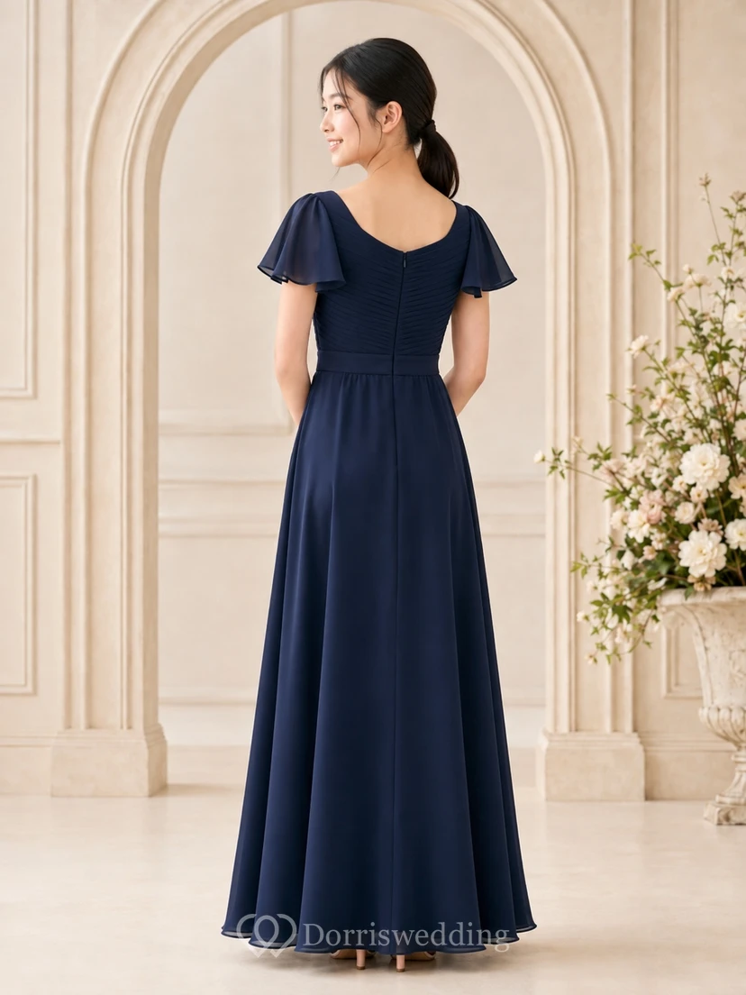 Dark Navy Junior Bridesmaid Dress A-Line Off-the-shoulder Short Sleeve Petal Ruched Romantic view 2