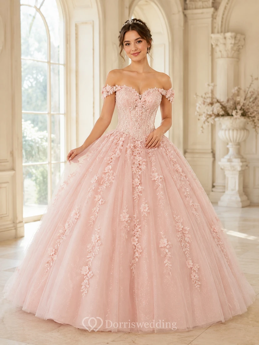 Blush Petite Off Shoulder Sweetheart Lace Quinceanera Princess Formal Ball Gown
