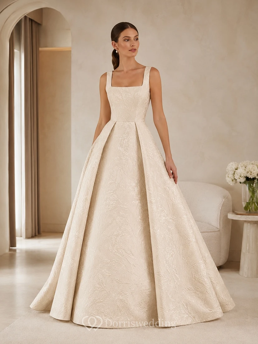 Robe de mariée longue en crêpe gaufré à fines bretelles et encolure carrée simple