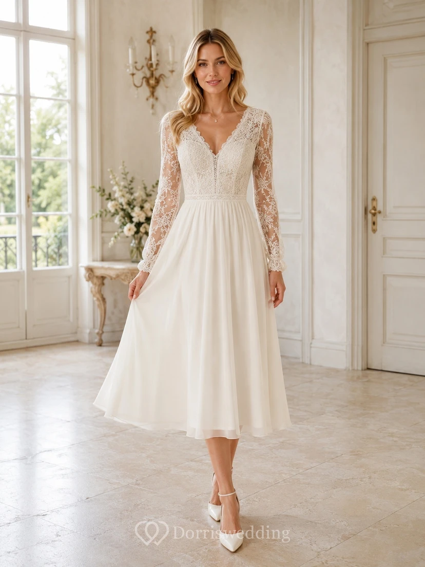 Bohemian V-neck Long Sleeve Lace A-line Tea-length Civil Bridal Dress