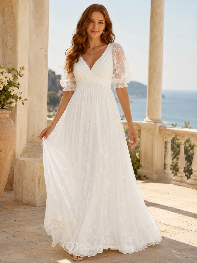 Boho Romantic V-Neck Sheer Puff Sleeve Lace Floor-Length A-Line Beach Wedding Dress
