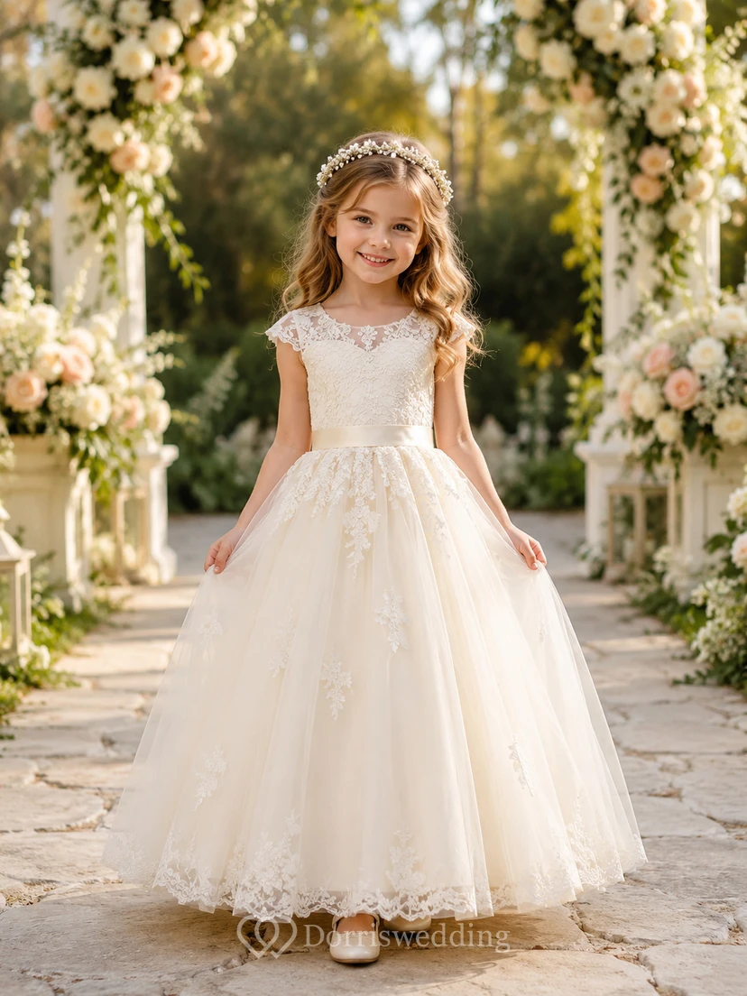 Lace Bodice Tulle A-Line Flower Girl Dress with Short Sleeves, Jewel Neck and Tea-Length Skirt