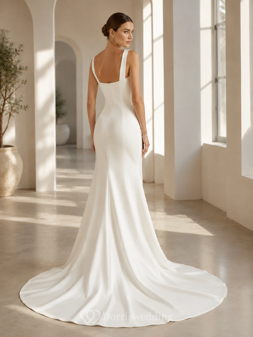 Modern Minimalist Square Neck Sleeveless Satin Sheath Court Train Wedding Dress view 2