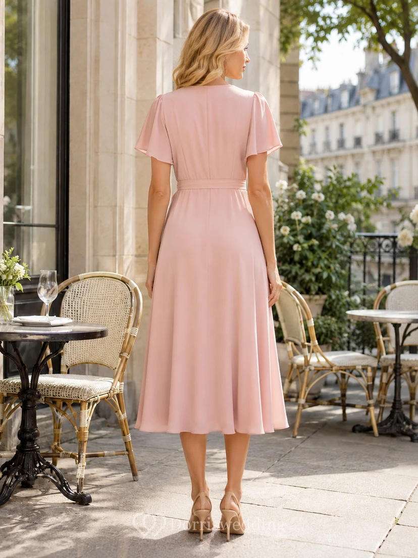 Blush Short Sleeve Wrap Tie Elegant Lunch Midi Dress view 2