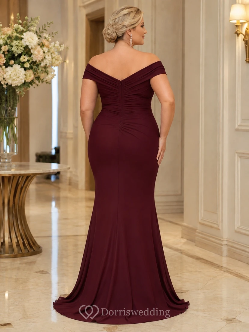 Plus Size Burgundy Ruched Off-the-shoulder Short Sleeve Mermaid Floor-Length Elegant Dress view 2