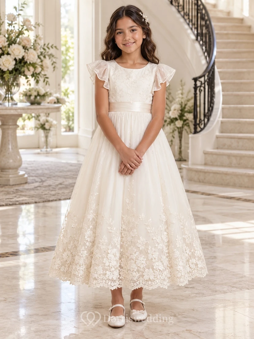 Teelanges elfenbeinfarbenes A-Linien-Kleid aus Spitze und Tüll mit flatternden Ärmeln, Muschelsaum und Schleife am Rücken für Blumenmädchen