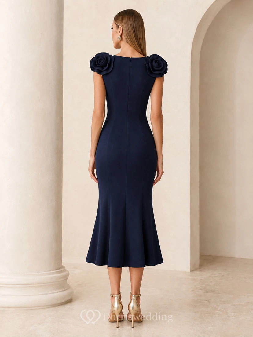 Dark Navy Rosette Shoulder Mermaid Midi Dress view 2