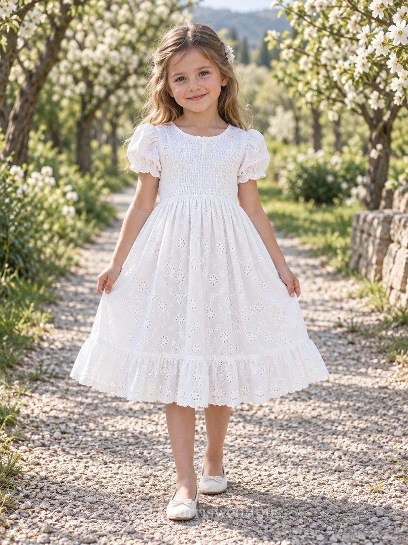 Vestido de niña de flores blanco modesto de corte A con estampado floral, mangas abullonadas y volantes, hasta la rodilla.
