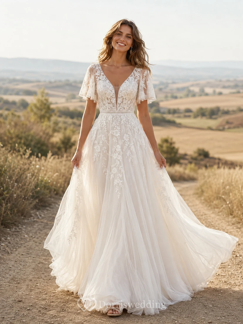 Vestido de novia de tul y encaje campestre, corte en A, hombros descubiertos, manga corta, cola de capilla, espalda baja en V.