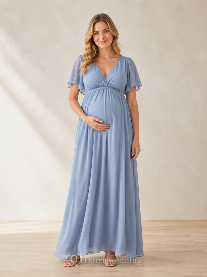 Sky Blue Chiffon V-neck Flutter Sleeve Empire Floor-length Maternity Maxi Dress