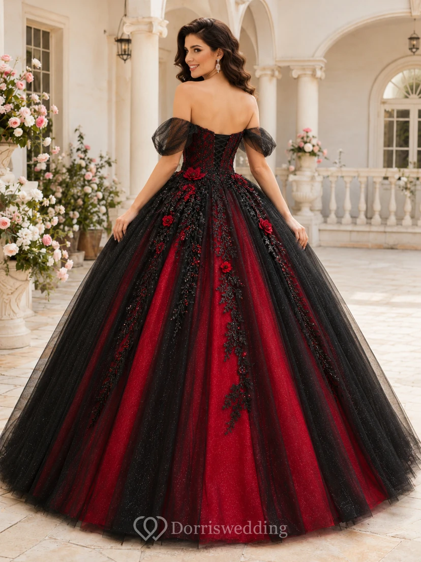 Black Red Luxury Off Shoulder Petal Sleeve Embroidered Sweet Sixteen Princess Ball Gown view 2