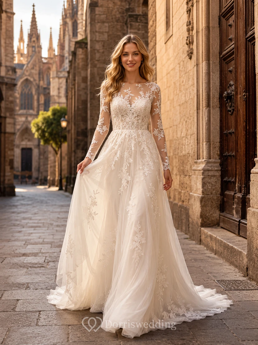 Robe de mariée modeste en dentelle illusion bateau, manches longues, coupe trapèze, traîne chapelle, style bateau