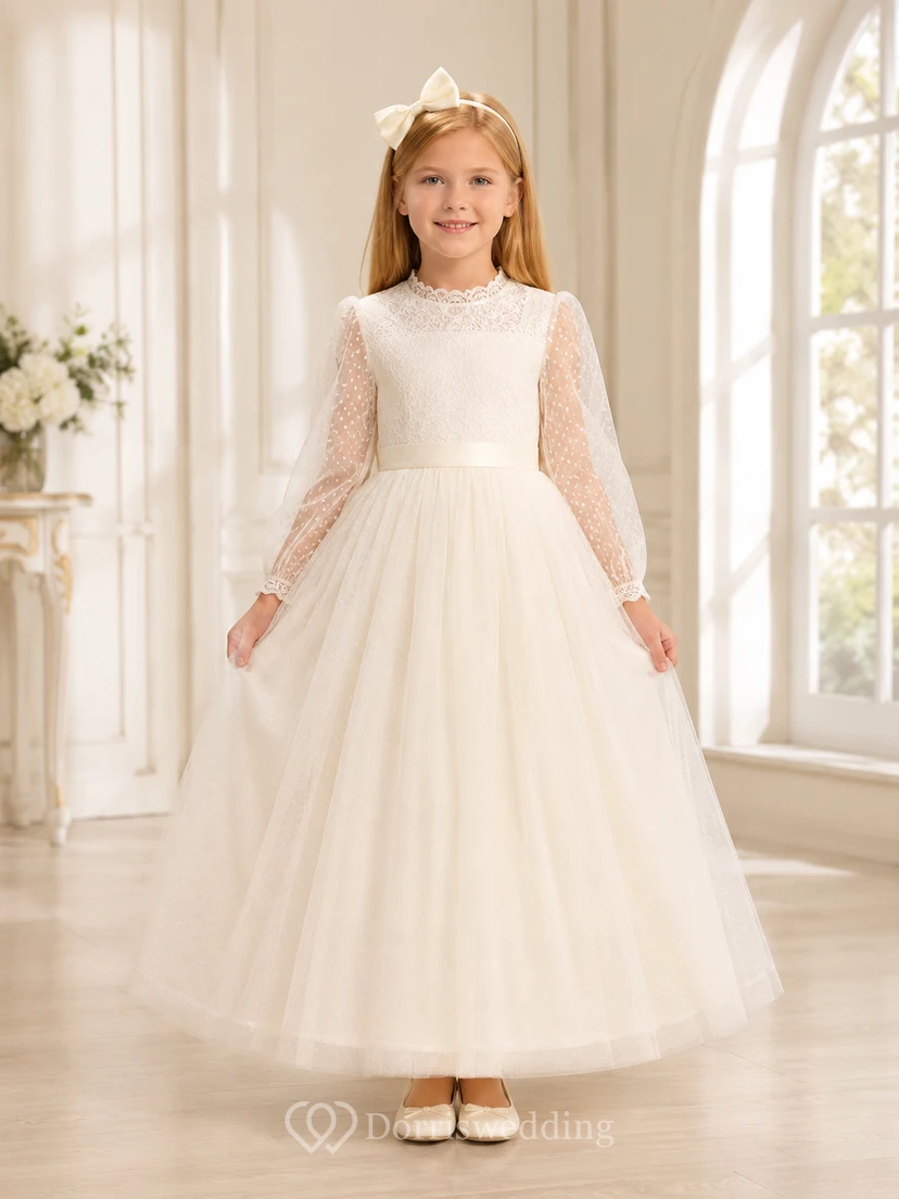 Robe de demoiselle d'honneur en dentelle ivoire et tulle, coupe trapèze, manches longues, col rond, longueur midi