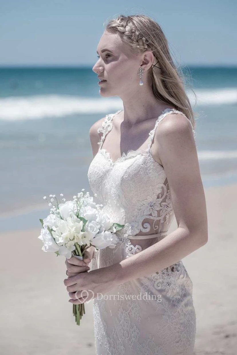 Illusion Sleeve Satin Lace Backless Wedding Dress view 3