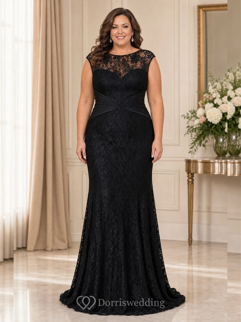 Cap-Sleeved Long Lace Mother Of The Bride Dress With Beadings And V-Back view 4
