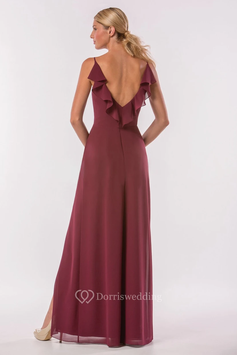 Sleeveless V-Neck Gown With Spaghetti Straps And Ruffles view 2