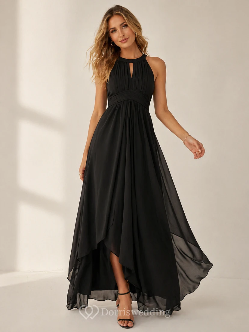 Elegant Burgundy Chiffon Halter Neck Evening Gown with Flowing High-Low Hem view 3